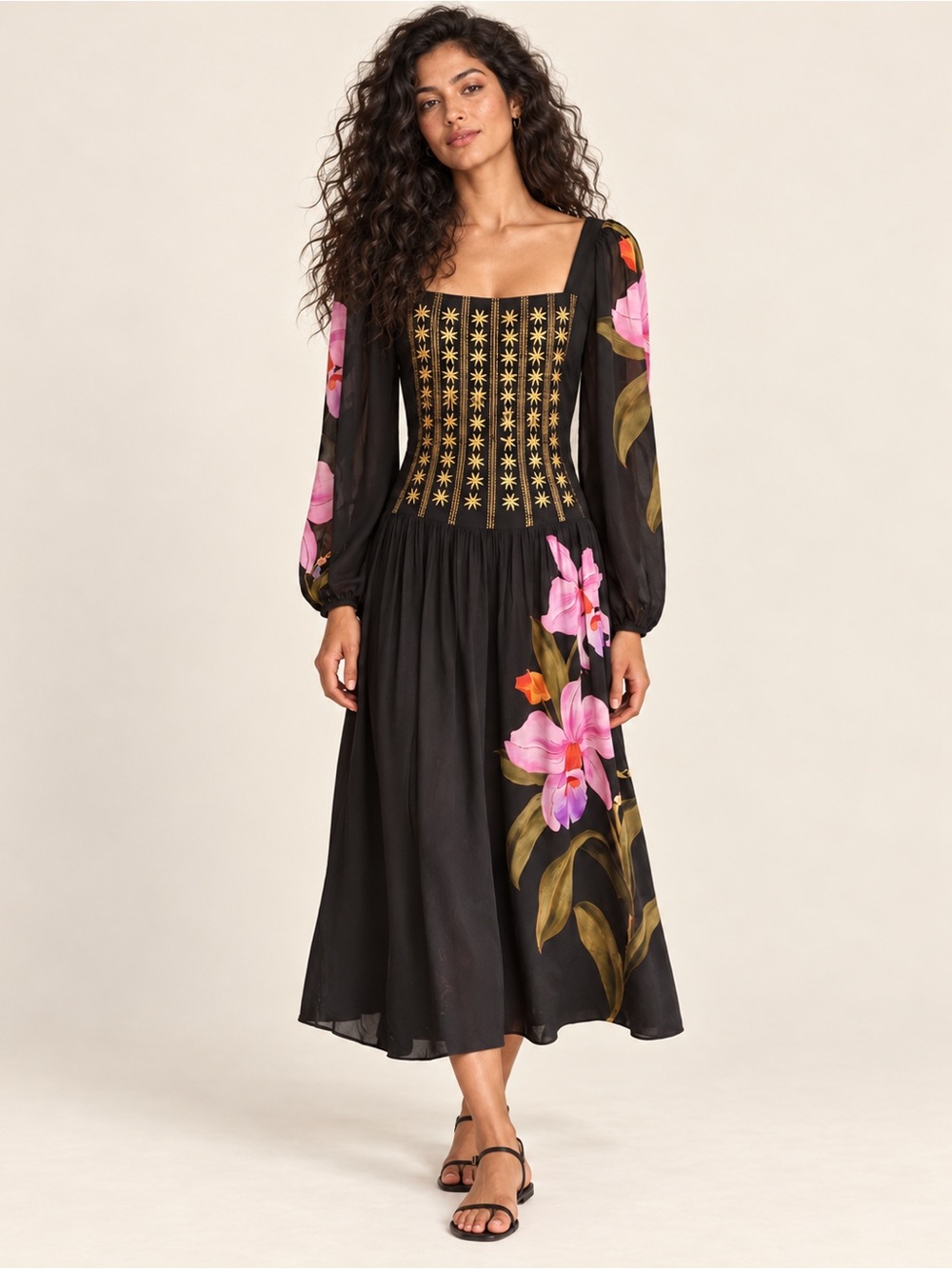 NWT Farm Rio Black Embroidered Goddess Orchid Midi Dress Size XS